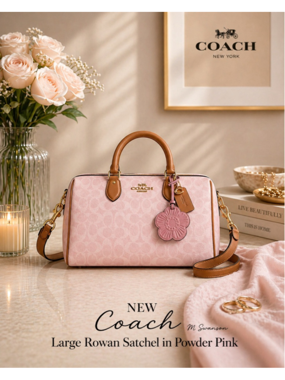 NEW Authentic Coach Large Rowan Satchel In Pink Signature Canvas With Charms NWT